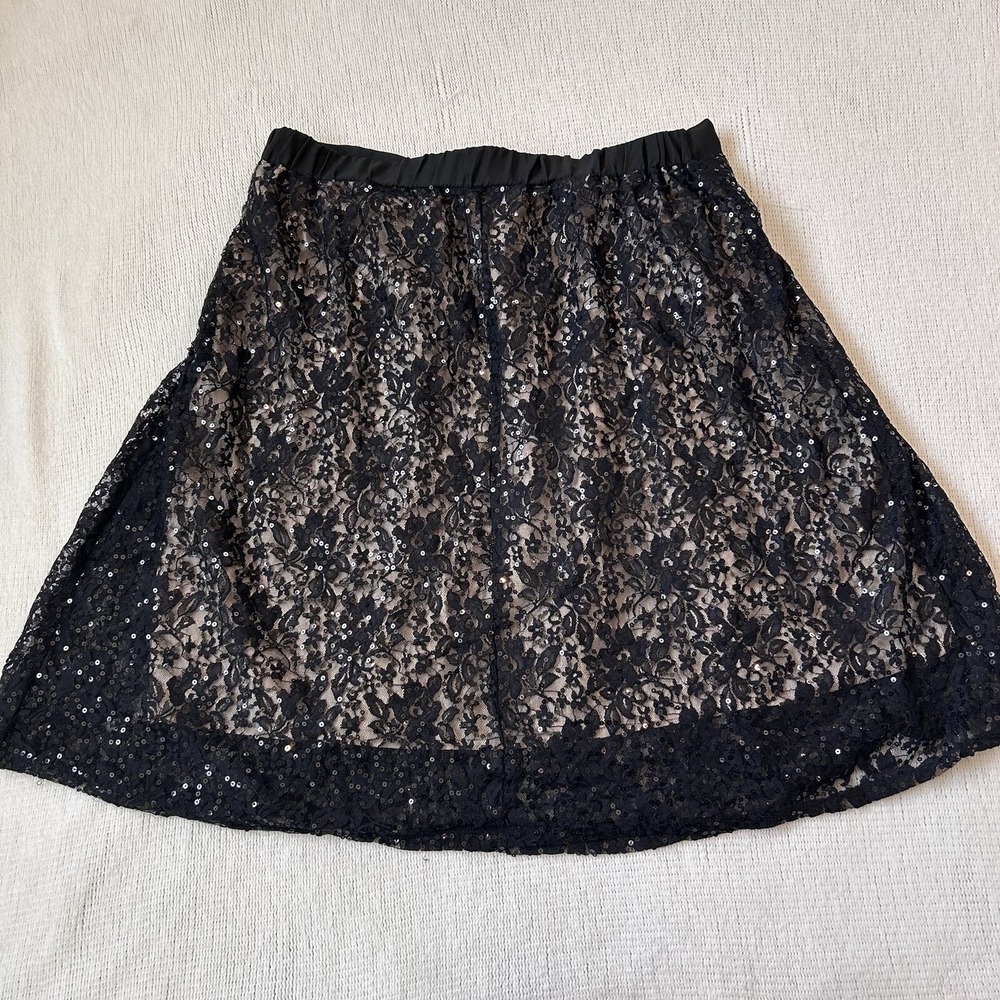 Status By Chenault Black Lace Skirt Sz XL Sequin Fairy Whimsigoth Lined Pull On
